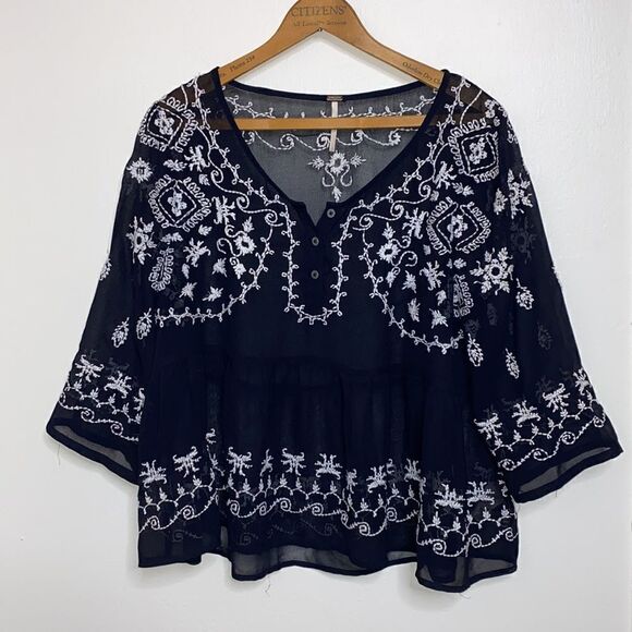 FREE PEOPLE Embroidered Sheer Blouse Top - Picture 1 of 9